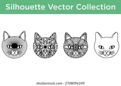A collection of four distinct cat head silhouettes, featuring intricate mandala and geometric patterns, perfect for design projects.