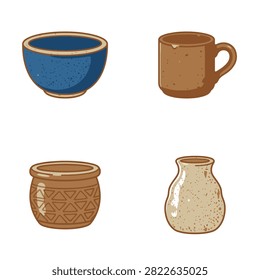A collection of four distinct ceramic pottery items including a blue bowl, a brown mug, a textured planter, and a small vase.