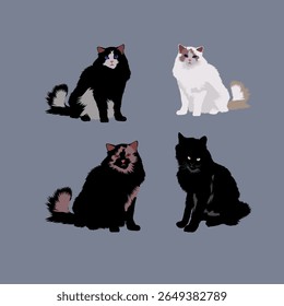 Uma coleção de quatro gatos fofos distintos e encantadores, cada um com sua própria coloração e expressão única, sentado graciosamente. 
