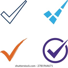 A collection of four distinct check mark symbols in various styles and colors representing accuracy approval correct validation and success