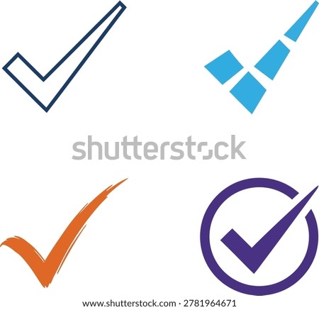 A collection of four distinct check mark symbols in various styles and colors representing accuracy approval correct validation and success