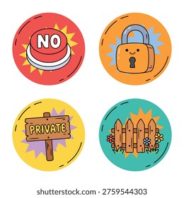 A collection of four distinct circular icons, each symbolizing a concept related to privacy, security, or prohibition.