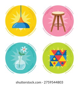 A collection of four distinct circular icons, each representing a different aspect of home decor and design, including a pendant light, a bar stool, a vase with a flower, and a colorful geometric pat.