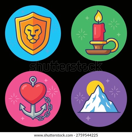 A collection of four distinct circular icons, each featuring a unique symbolic illustration on a colored background.