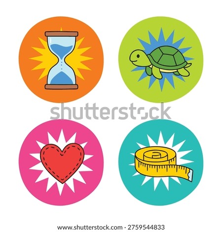A collection of four distinct circular icons, each representing a different concept: time, slowness, health, and measurement.