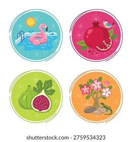 A collection of four distinct circular illustrations featuring a flamingo pool float, a ripe pomegranate with a bird, fresh figs, and a blooming desert rose plant with a lizard.