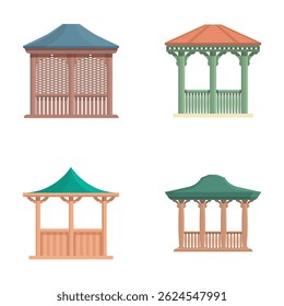 Collection of four distinct, colorful garden gazebo designs on a white background