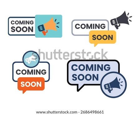 A collection of four distinct "Coming Soon" announcement graphics, each featuring a megaphone icon, conveying anticipation and upcoming events or product launches.