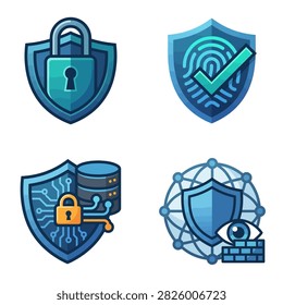 Collection of four distinct cybersecurity icons illustrating digital protection, data security, and privacy concepts with clear visual metaphors.