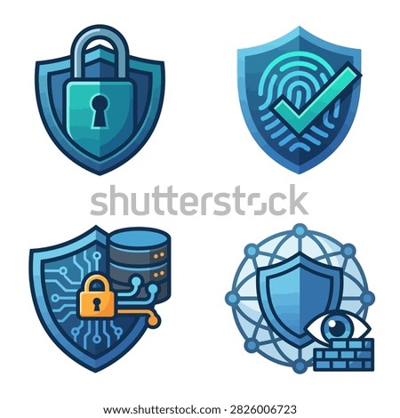Collection of four distinct cybersecurity icons illustrating digital protection, data security, and privacy concepts with clear visual metaphors.