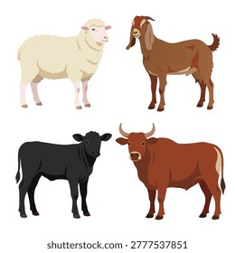 A collection of four distinct farm animals: a white sheep, a brown goat, a black calf, and a red bull, presented on a white background.