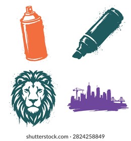 A collection of four distinct flat vector icons including a spray can, marker, lion, and cityscape.