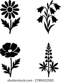 A collection of four distinct floral silhouettes on a white background