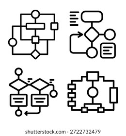 Uma coleção de quatro diagramas de fluxograma distintos apresentados como contornos pretos em um fundo branco. Essas ilustrações vetoriais representam fluxos de processo e sequências lógicas.