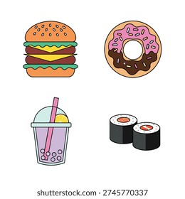 A collection of four distinct food items, including a burger, a donut, a bubble tea, and sushi rolls, presented in a clean, flat design style.