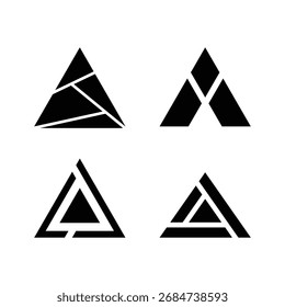 Una colección de cuatro íconos de triángulos abstractos geométricos distintos. Estas modernas Formas minimalistas ofrecen diversos diseños para la marca y los Elementos visuales.