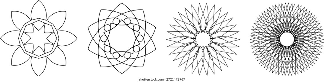 Collection of four distinct geometric line art designs showcasing complex circular and star shape patterns