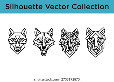 A collection of four distinct geometric wolf head silhouettes, presented in a clean black and white line art style.