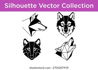 A collection of four distinct geometric wolf head silhouettes in black and white, showcasing various angles and styles.