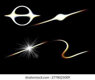 A collection of four distinct glowing light elements set against a solid black background. This set includes a stylized circular eclipse-like flare, a sharp horizontal light streak, a brilliant multi-pointed starburst, and a fluid, wavy golden trail. These high-contrast assets are designed for digital artists and designers to use as overlays, adding realistic lens flare effects, cosmic energy, or magical light trails to their creative projects. The warm golden tones and sharp highlights provide a cinematic and futuristic feel.
