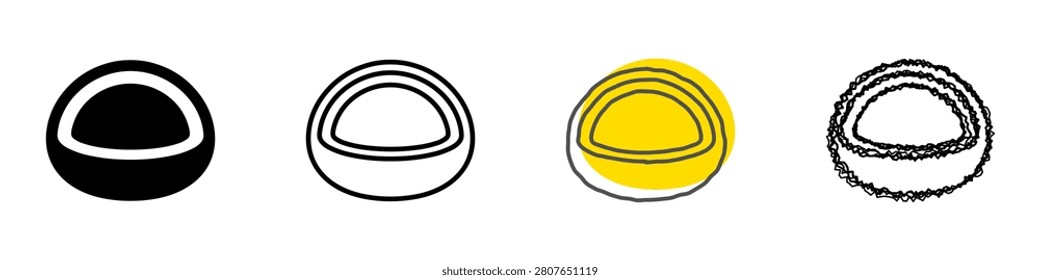 A collection of four distinct graphic icons depicting a cross-section of a coconut, each with a unique artistic style and color palette