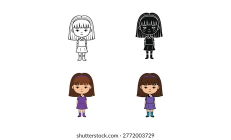 A collection of four distinct graphic representations of a young girl in chibi style. This versatile illustration set includes outline, silhouette, full color, and shaded versions, ideal for diverse design projects.