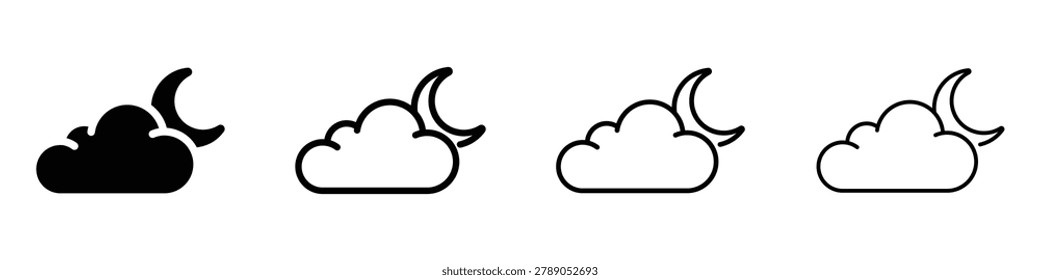 Collection of four distinct graphic representations of a cloud partially hiding a crescent moon, suitable for weather apps or night-themed designs