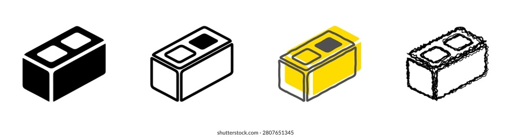 A collection of four distinct graphic representations of a concrete block, showcasing various design aesthetics from solid black to sketchy outlines
