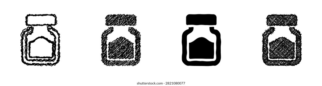 A collection of four distinct graphic representations of a small jar, each with a unique artistic style and filled with a substance