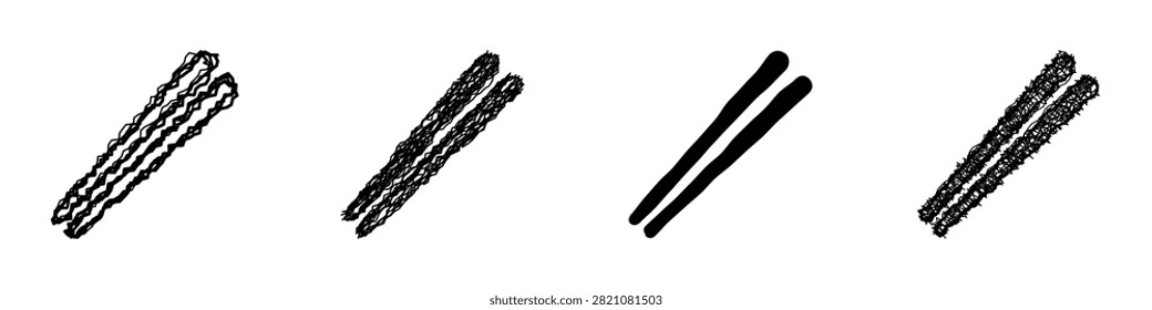 A collection of four distinct graphic representations of chopsticks, showcasing different artistic interpretations and textures for versatile design use