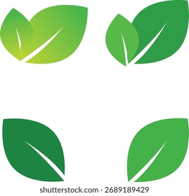 Sammlung von vier verschiedenen grünen Blatt Grafiken präsentiert eine saubere und moderne Ästhetik. Ideal für die Darstellung von Nachhaltigkeit, Gesundheit und Wachstum in vielfältigen Designprojekten.