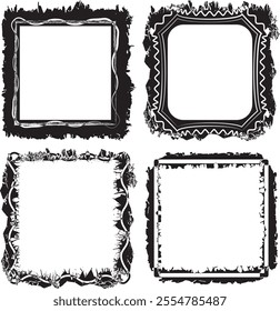Collection of Four Distinct Grunge-Style Photo Frames with Unique Textured Borders for Artistic and Creative Projects, grunge photo frame border set