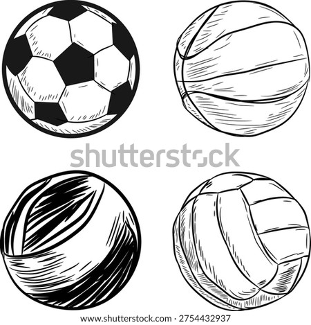 Collection of four distinct, hand-drawn sketch icons representing popular sports balls against a white background illustrating variety.