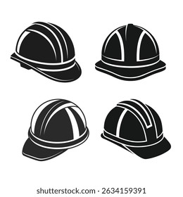 A collection of four distinct hard hat illustrations, each exhibiting a unique design and perspective, ideal for construction safety or industrial themes.