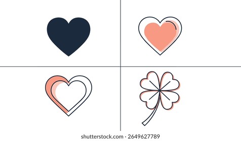 Collection of four distinct heart and clover shaped icons representing love good luck and positive feelings