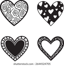 A collection of four distinct heart designs, each featuring a unique black and white patterned texture