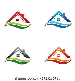 Una colección de cuatro logotipos de casa distintos en rojo, azul, gris y naranja, cada uno con un elemento ondulado verde en la base.