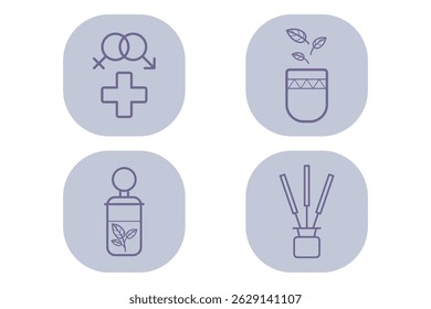 Collection of four distinct icons depicting health, nature, essential oils, and aromatic elements. Wellness and sustainability concept