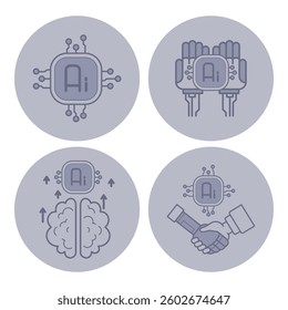 Collection of four distinct icons illustrating various aspects of artificial intelligence, including computer chip, hands, brain, and handshake