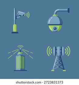 A collection of four distinct icons representing security cameras, surveillance equipment, and communication towers.