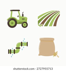 A collection of four distinct icons representing various aspects of agriculture and farming.