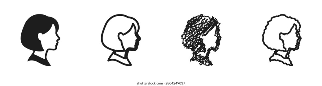 A collection of four distinct icons representing female profiles, each with unique hair and artistic rendering
