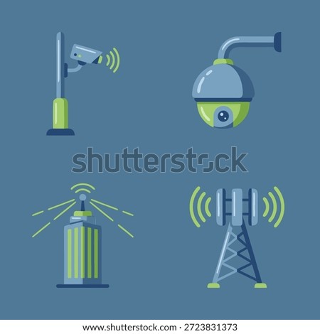 A collection of four distinct icons representing security cameras, surveillance equipment, and communication towers.