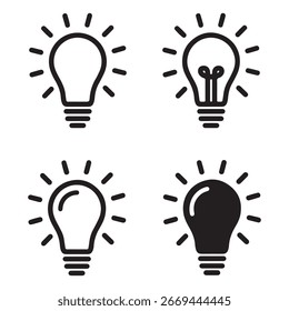 A collection of four distinct light bulb icons, featuring both outlined and solid fill designs, with radiating light lines.