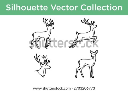 A collection of four distinct line art vector illustrations of deer in various poses, showcasing their graceful forms.