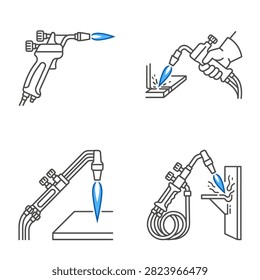 A collection of four distinct line drawings showcasing oxy-acetylene welding torches in various operational poses and configurations.