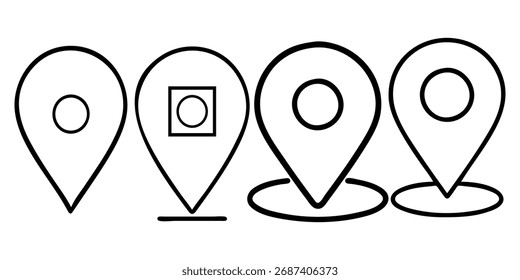 A collection of four distinct location pin symbols, presented in a clean outline design. These icons are ideal for representing navigation, GPS, search queries, and geographical markers in various app