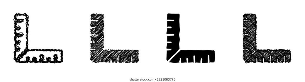 A collection of four distinct L-shaped rulers, each featuring measurement increments, presented in varied artistic interpretations for design versatility