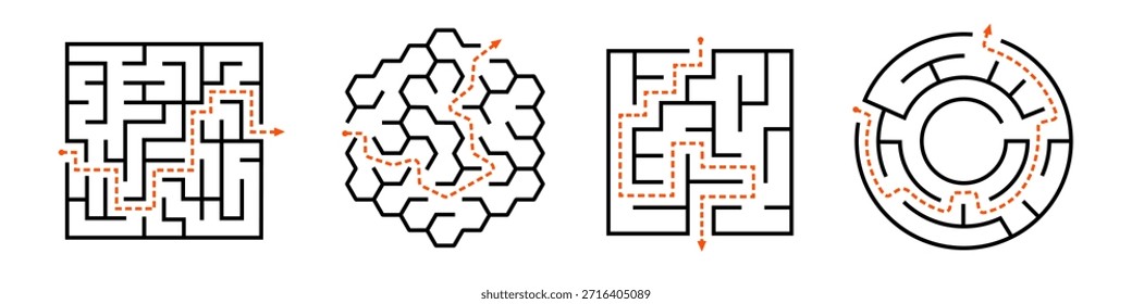 Sammlung von vier verschiedenen Labyrinth Designs einzigartige Weg Lösungen in verschiedenen Formen.
