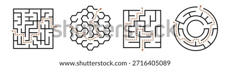 Collection of four distinct maze designs unique path solutions in various shapes.